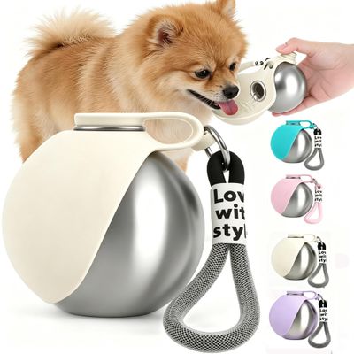Dog Water Bottle for Travel, 285 mL Stainless Steel Bottle with Foldable Silicone Bowl