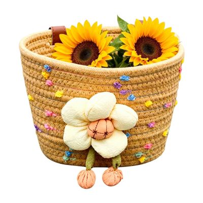 Kids' Bicycle Basket, Handwoven Cotton Rope Basket with Plush Flower