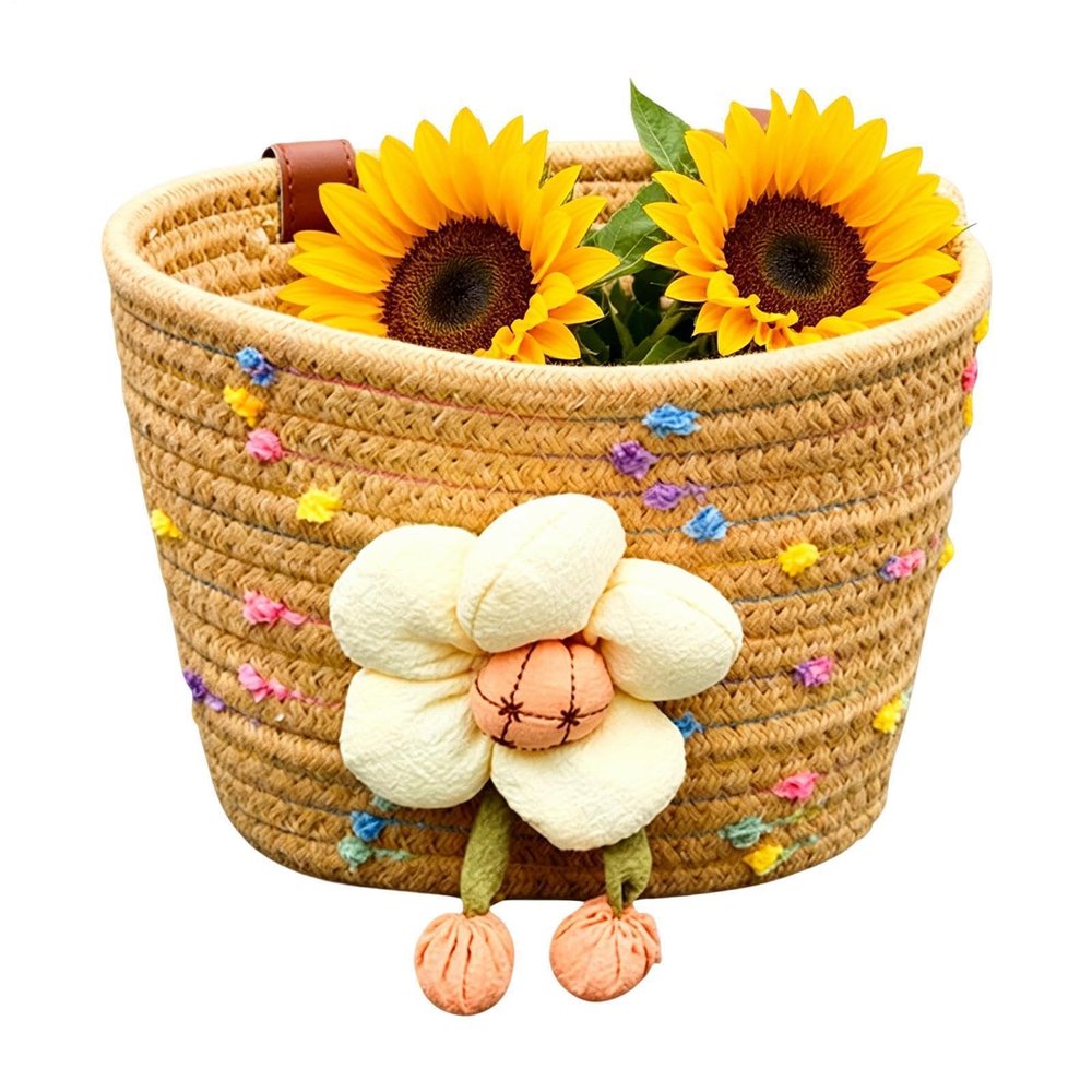 Kids' Bicycle Basket, Handwoven Cotton Rope Basket with Plush Flower