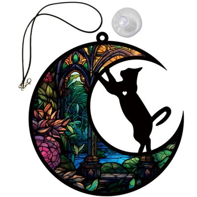 UKCOCO Colorful Acrylic Cat and Moon Decoration, Elegant Indoor Hanging Decor with Cord and Suction Cup for Window Display