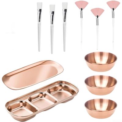 23-Piece Facial Treatment Bowl Set with Brushes, Sponges, and Trays, Stainless Steel, Gold/Rose Gold