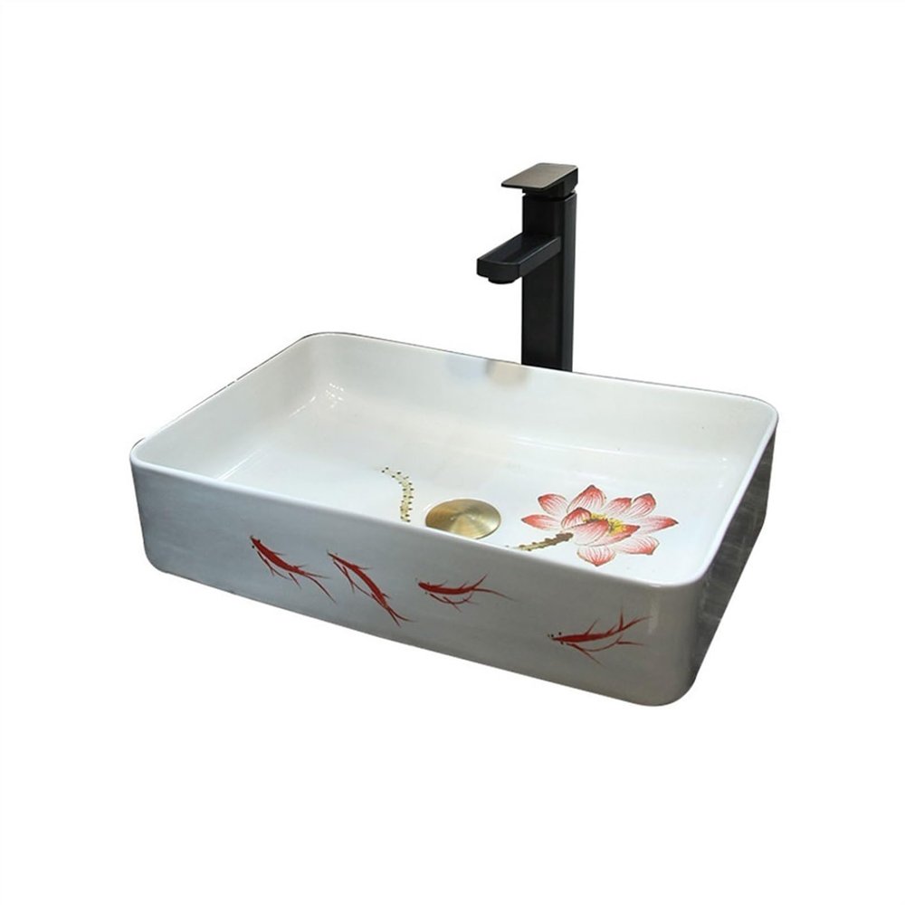 Vintage Square Hand-Painted Lotus and Fish Vessel Sink