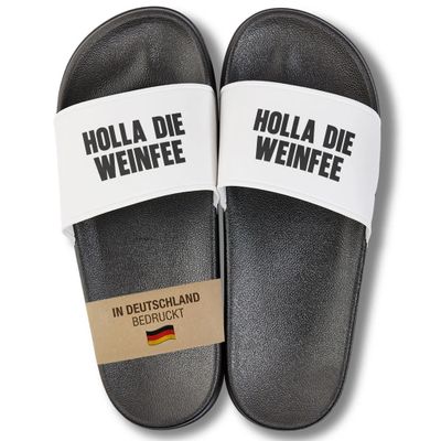 22Feels Women's Shower Slides, Black and White, “Holla the Wine Fairy,” Size 40/41