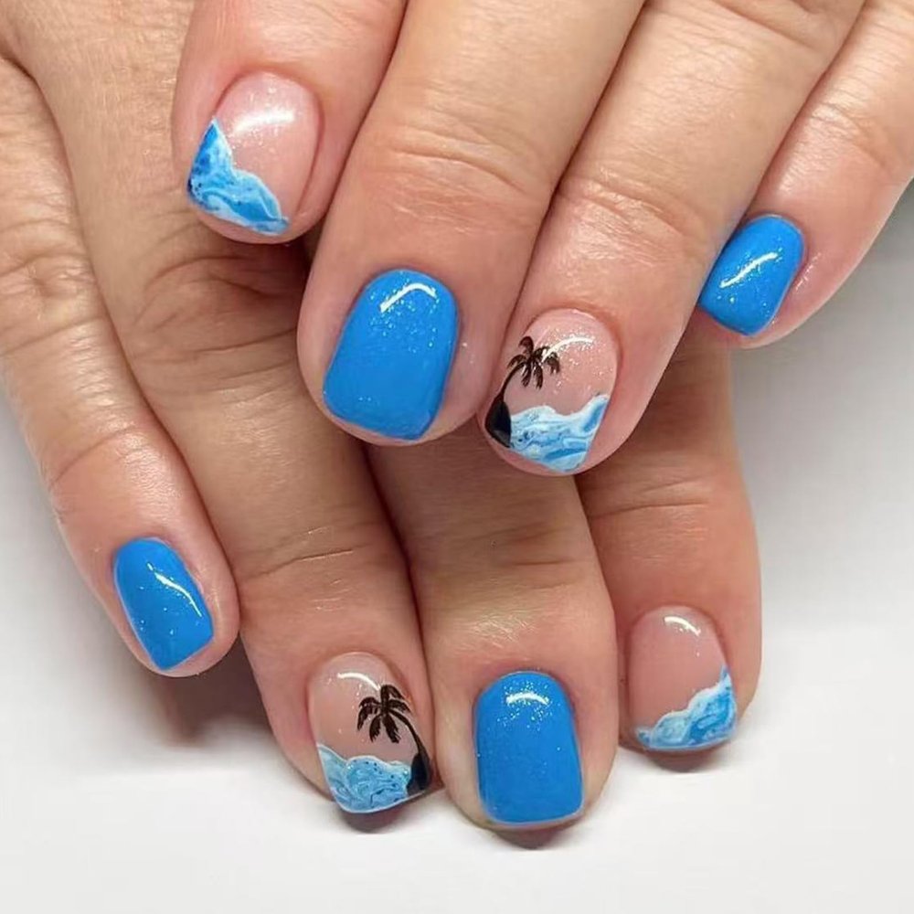 Coconut Tree Design French Tip Press-On Nails, Square, Coffin and Almond Styles