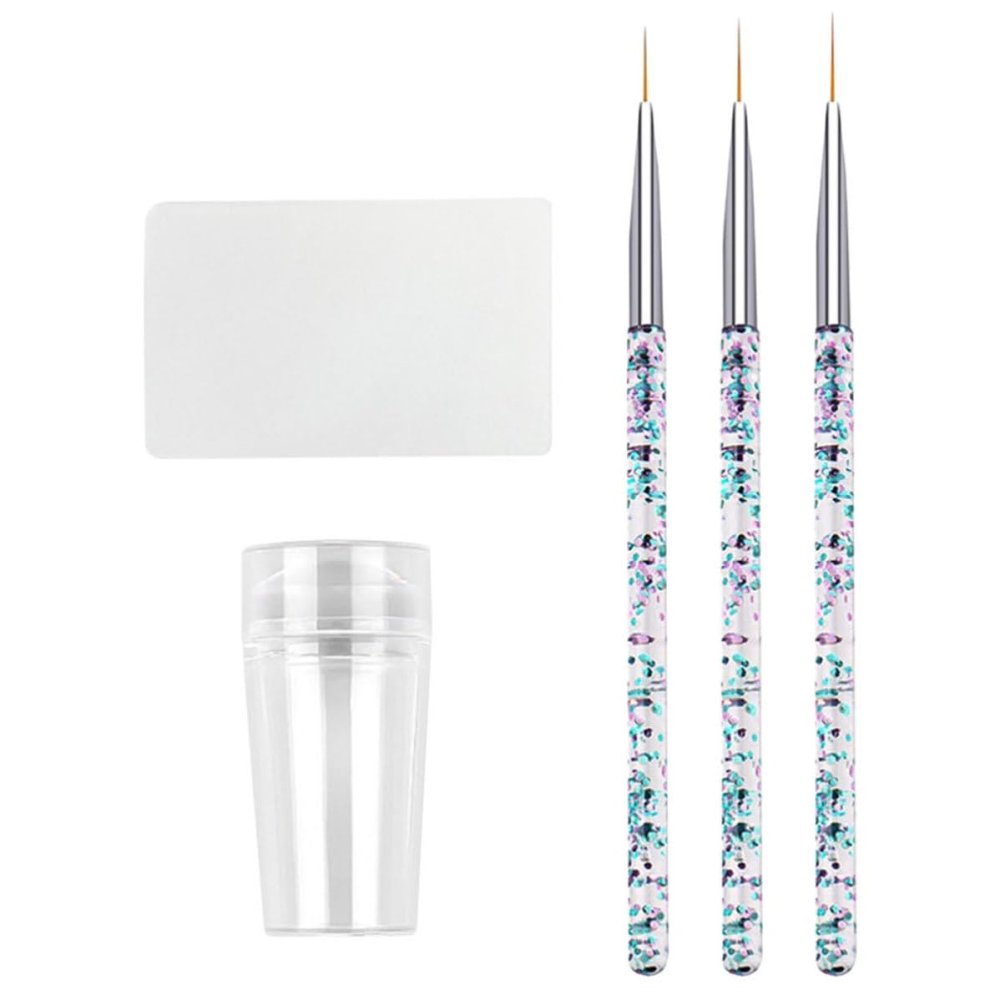 NIYANGLE Nail Art Liner Set with 3 Brushes and 2.8 cm Transparent Nail Stamper