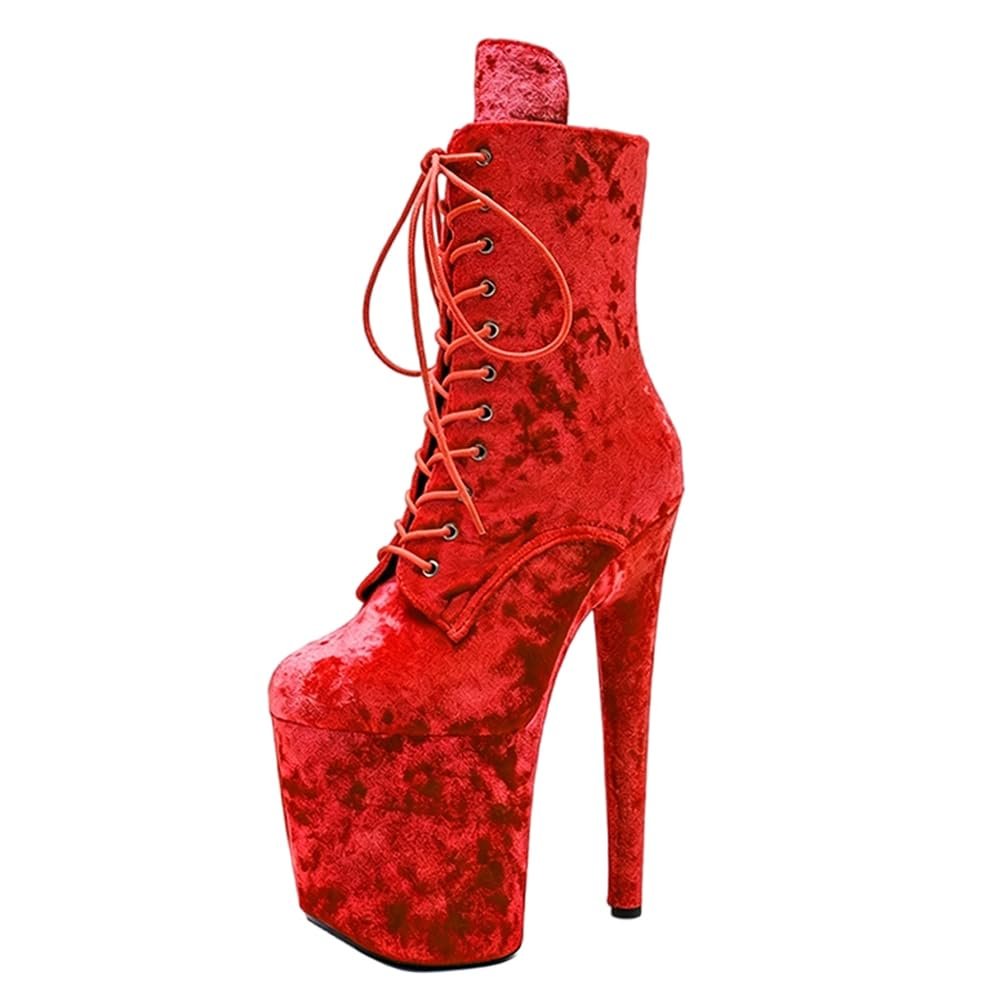 YAWURUNQIN Women's Fuchsia Ankle Boots, Round Toe, Lace-Up, Slip-Resistant Platform, 20 cm Stiletto Heels, EU 41
