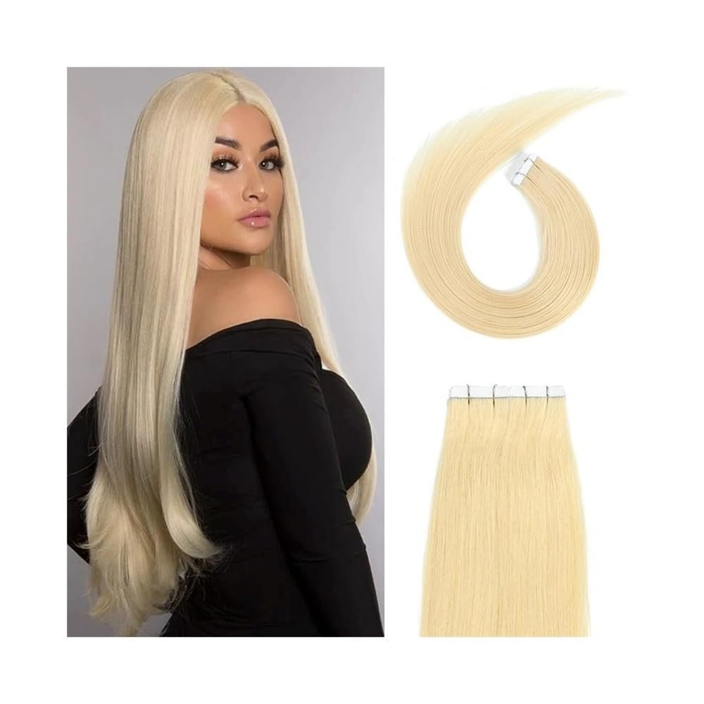 Tape-In Hair Extensions, #613 Blonde Remy Human Hair, 20 pcs/50 g, Invisible Double-Sided Tape, Straight and Silky, 26 in