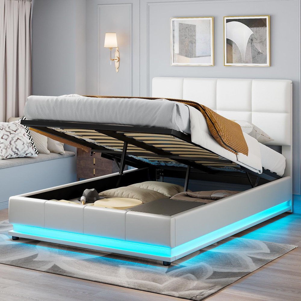Caluself ADAP-15 Double Bed, Hydraulic Bed, 140 x 190 cm, White PU Leather