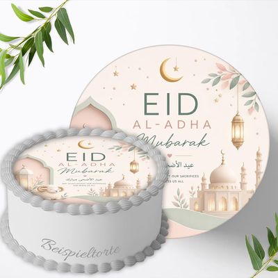 Eid al-Adha Cake Topper, Modern Eid Mubarak Mosque Design, 20 cm