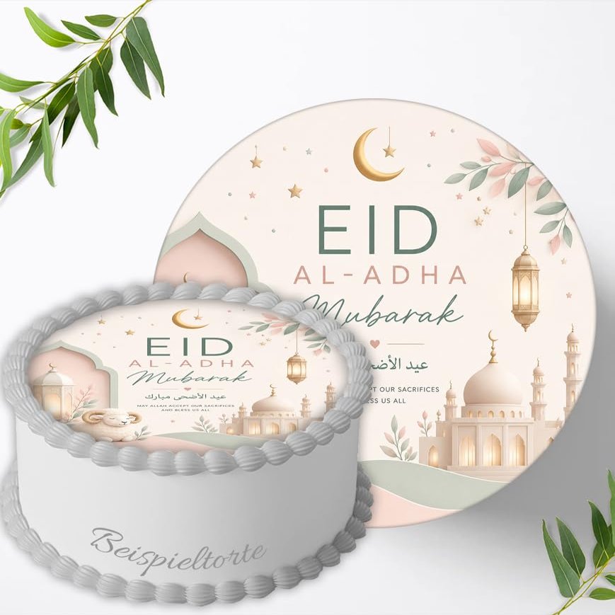 Eid al-Adha Cake Topper, Modern Eid Mubarak Mosque Design, 20 cm