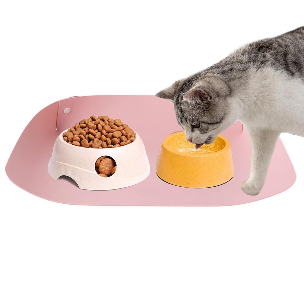 Dog Feeding Mat, PU Leather, High Edge, Non-Slip, Waterproof, Cute Cat Bowl Mats