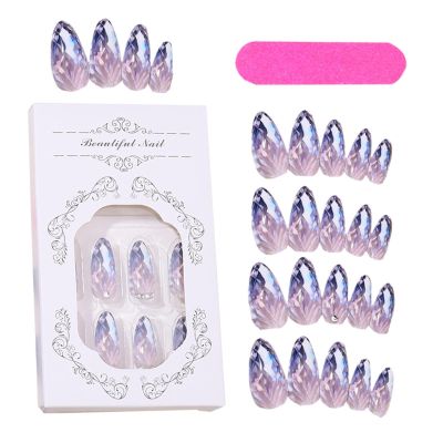Almond-Shaped False Nails, 12 Sizes, Glossy Rhombus Crystal Collection