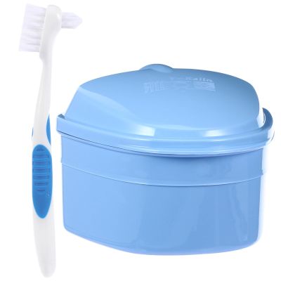 Blue Plastic Denture Container with Strainer and Brush
