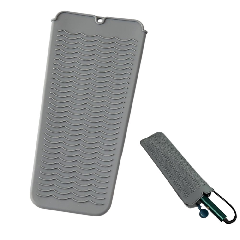 HSTWODE 2-Piece Heat-Resistant Silicone Mat & Storage Sleeve for Hair Styling Tools, Non-Slip Insulating Pad, Gray