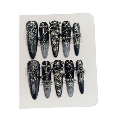 YDMHYLAI 10-Piece Stiletto Press-On Nails, Skeleton Cross, Metal Punk Style, Soft and Lightweight, for Festivals, Parties, and Everyday Wear (929-L)