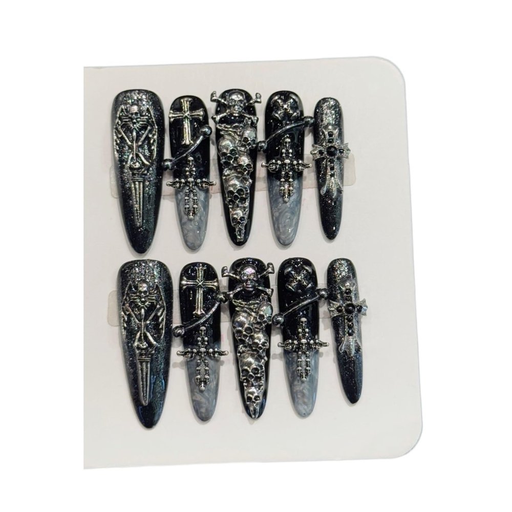 YDMHYLAI 10-Piece Stiletto Press-On Nails, Skeleton Cross, Metal Punk Style, Soft and Lightweight, for Festivals, Parties, and Everyday Wear (929-L)