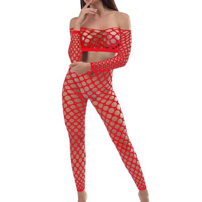 Women's Rhinestone Fishnet Stockings with High Waist Leggings (Red, One Size)