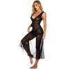 Women's Sheer Floral Lace V-Neck Chemise Thong Set, Mesh Nightgown, Black, XXL view 3