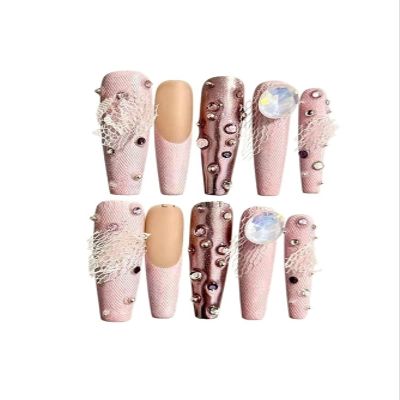 10-Piece Handmade Press-On Nail Set, Pink Denim Leopard, Reusable DIY, Long Almond (Long Ladder, S, 002)